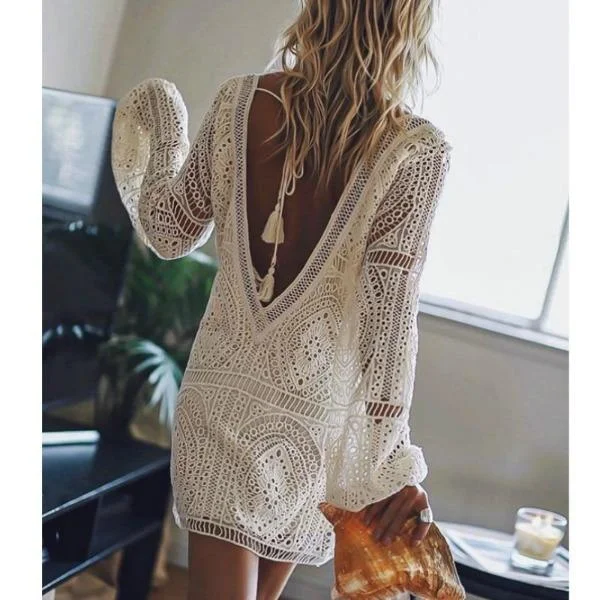 White Lace Sexy Backless Mini Dress Fashionable Boho-Chic Mini Dress