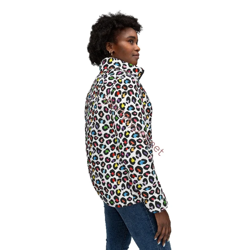 Women’s Multicolored Leopard Print Puffer Jacket Nylon Jacket Polyester Jacket Spandex Jacket Women’s Multicolored Leopard Print Puffer Jacket Nylon Jacket Polyester Jacket Spandex Jacket