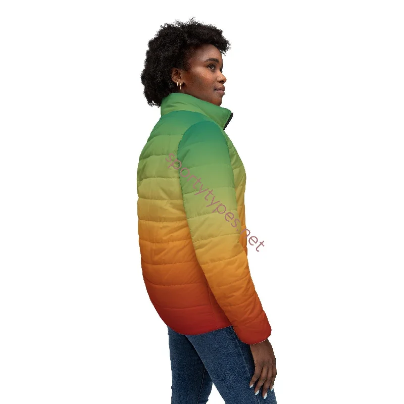 Women’s Multicolored Puffer Jacket Hooded Jacket Caped Jacket Shawl Collar Jacket