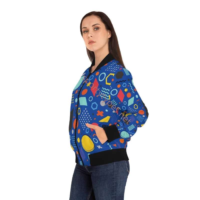 Women's Blue Geometric Bomber Jacket A-Line Jacket Boat Neck Shawl Collar