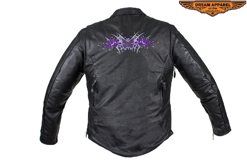 Women's Concealed Carry Leather Jacket with Butterflies Front Pockets Side Pockets Patch Pockets Women's Concealed Carry Leather Jacket with Butterflies Front Pockets Side Pockets Patch Pockets