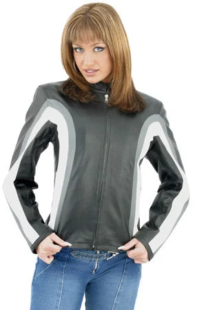 Women's Leather Jacket With Z/O Lining & Gray & White Stripes Welt Pockets Slit Pockets Flap Pockets Women's Leather Jacket With Z/O Lining & Gray & White Stripes Welt Pockets Slit Pockets Flap Pockets
