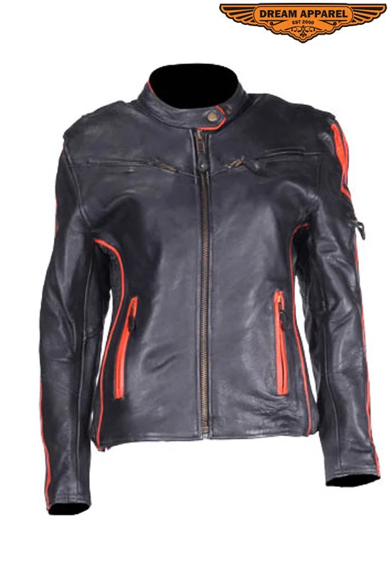 Women's Leather Racer Jacket With Double Orange Stripes Down Sleeves Faux Fur Fabric Real Fur Fabric Shearling Fabric Women's Leather Racer Jacket With Double Orange Stripes Down Sleeves Faux Fur Fabric Real Fur Fabric Shearling Fabric