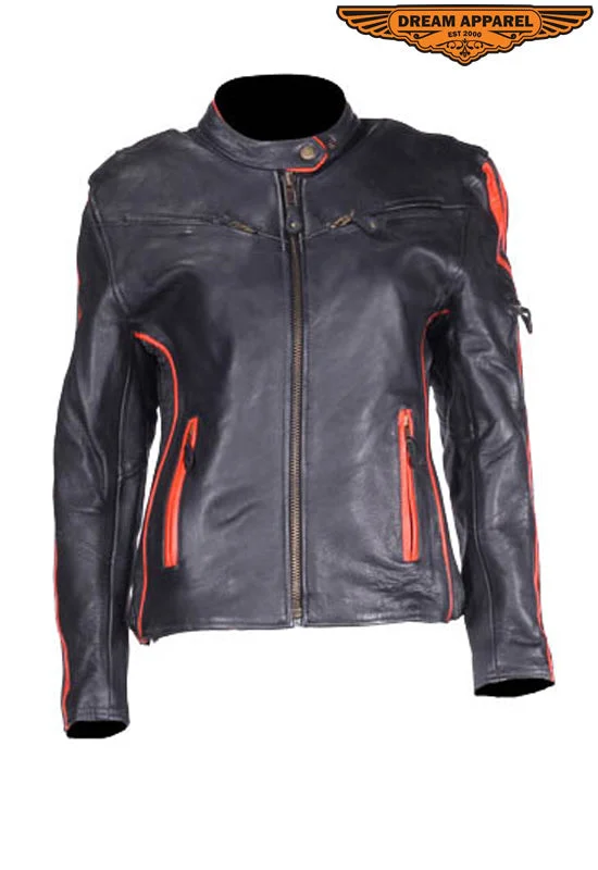 Womens Leather Racer Jacket with Orange Stripes Insulated Jacket Fitted Jacket Loose Jacket Womens Leather Racer Jacket with Orange Stripes Insulated Jacket Fitted Jacket Loose Jacket