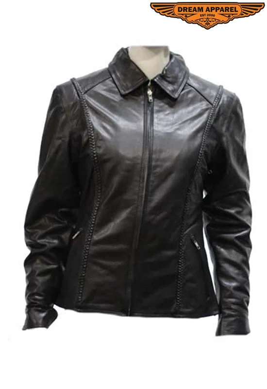 Womens Light Weight Leather Motorcycle Jacket Collared Jacket Crew Neck Jacket Turtle Neck Jacket