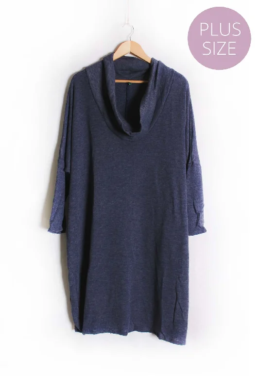 Women's Plus Long Sleeve Cowl Neck Mini Dress Comfortable Fit-and-Flare Mini Dress