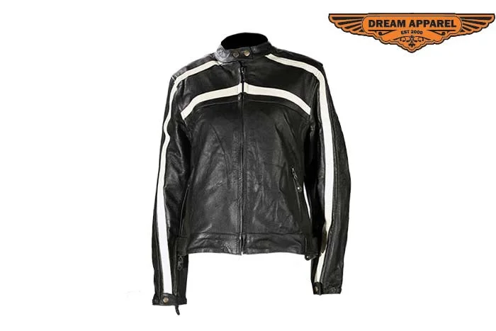 Womens Racing Leather Jacket With Off White Stripes Zip Front Button Front Snap Front Womens Racing Leather Jacket With Off White Stripes Zip Front Button Front Snap Front