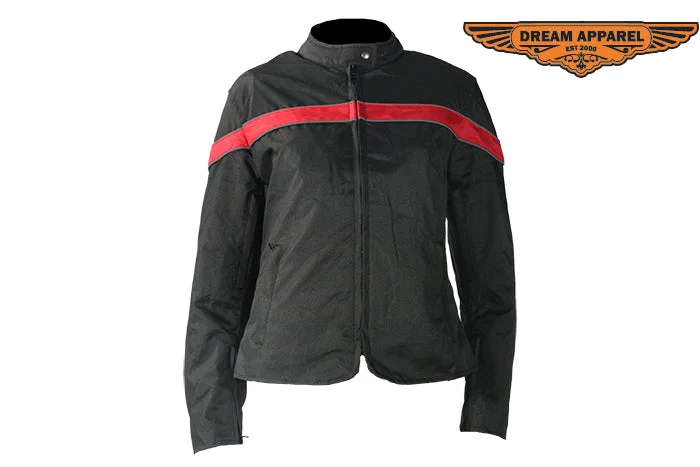 Womens Red Stripe Textile Jacket Tiered Jacket Buttoned Jacket Zippered Jacket