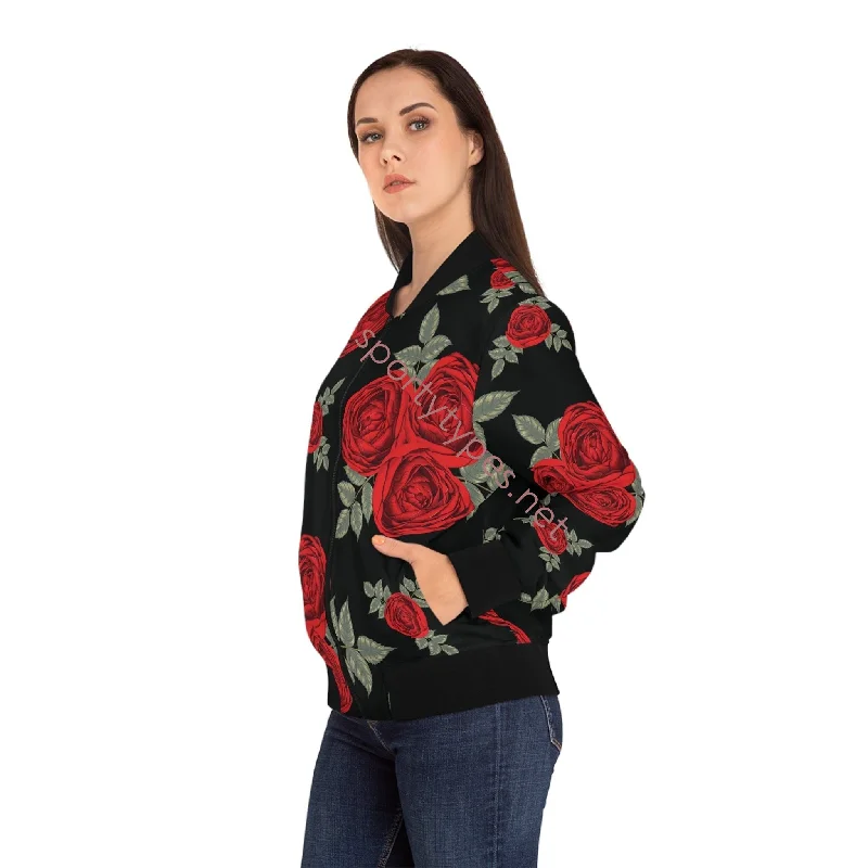 Women's Roses Bomber Jacket Front Pockets Side Pockets Patch Pockets