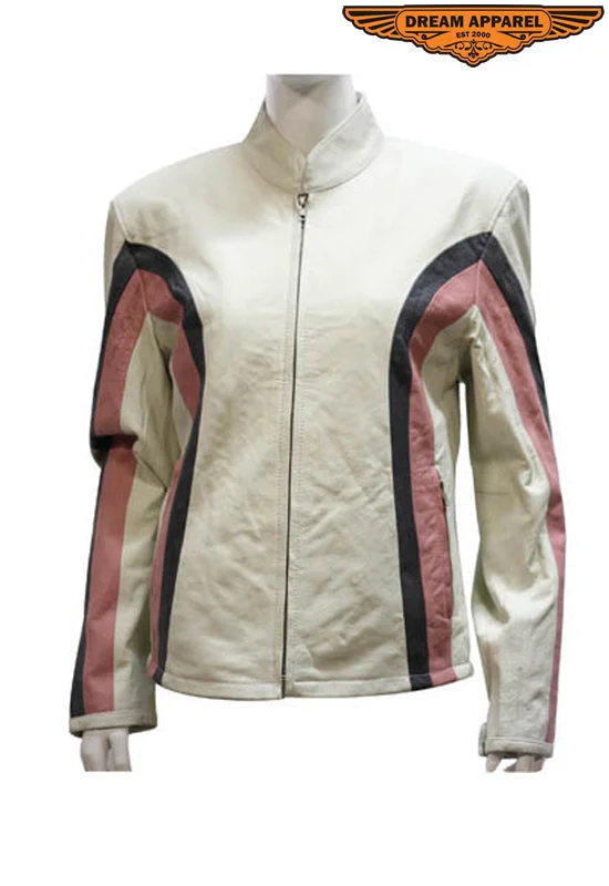 Womens Soft Leather Jacket With Silver  & Pink Stripes Boat Neck Shawl Collar Notched Collar