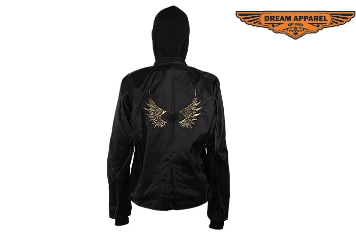 Women's Textile Jacket With Black Hoodie & Gold Wings & Heart Oversized Jacket Tailored Jacket Straight Jacket Women's Textile Jacket With Black Hoodie & Gold Wings & Heart Oversized Jacket Tailored Jacket Straight Jacket