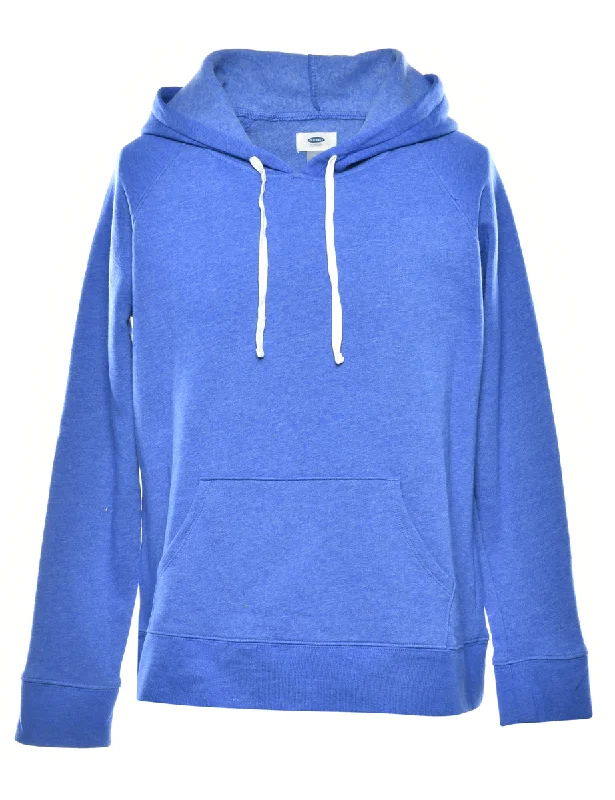 Blue Hooded Sweatshirt - L Hoodie with Hem Frayed Vintage Worn