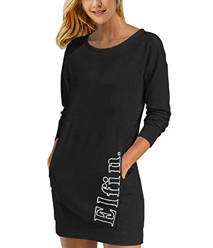 ELFIN Women's sweatshirt dress long sleeve dresses sweatshirt dress casual sporty long shirt tops mini dresses with logo print autumn Hoodie with Raw Hem Edgy Unfinished