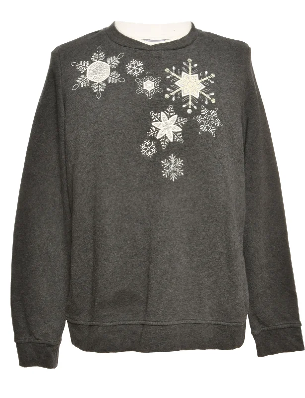 Floral Embroidered Sweatshirt - L Hoodie with Hem Detail Decorative Unique