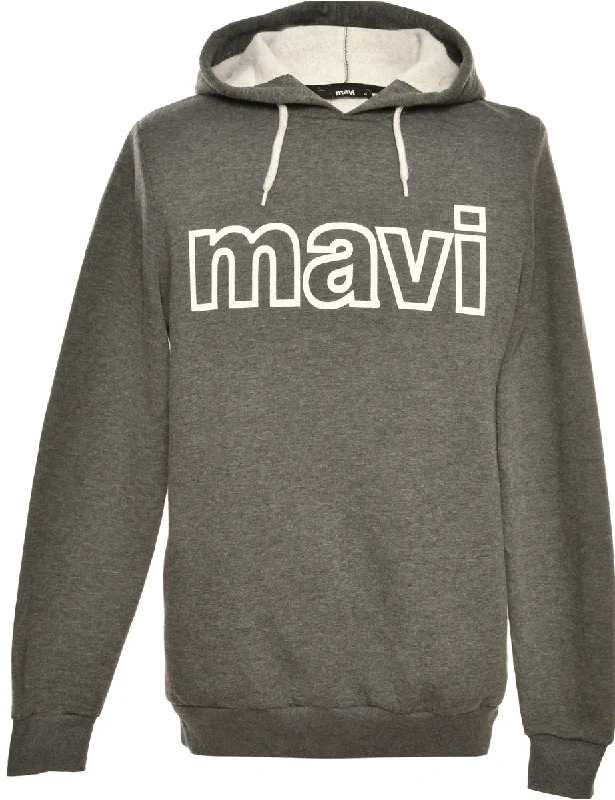 Grey Printed Hoodie - M Hoodie with Ribbed Neckline Snug Warm