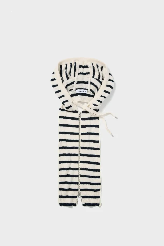 Ivory and Navy Cashmere Hooded Dickey Hoodie with Half-Zip Sporty Casual