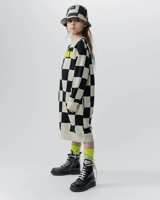 NUNUNU FW24 CHECKMATE A SWEATSHIRT DRESS Hoodie with Hem Elastic Stretchable Comfortable