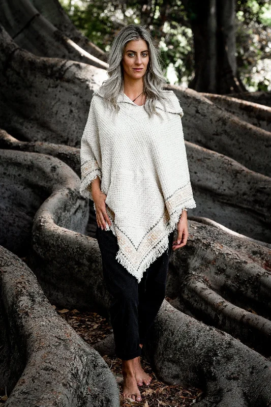 VECHO Beige Womens Hooded Vegan Poncho Textured Cotton with Hood Block Printed Tribal Pattern Gypsy Festival Boho ceremony ritual AJJAYA Hoodie with Batwing Sleeves Loose Dramatic VECHO Beige Womens Hooded Vegan Poncho Textured Cotton with Hood Block Printed Tribal Pattern Gypsy Festival Boho ceremony ritual AJJAYA Hoodie with Batwing Sleeves Loose Dramatic