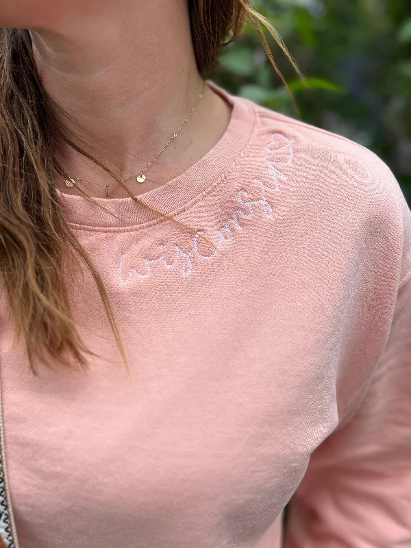 Wisconsin Script Embroidered Sweatshirt Hoodie with Stripes Bold Sporty