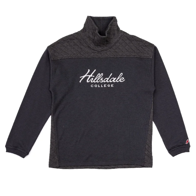 Quilted Funnel Neck Sweatshirt Hoodie with Hem Frayed Vintage Worn