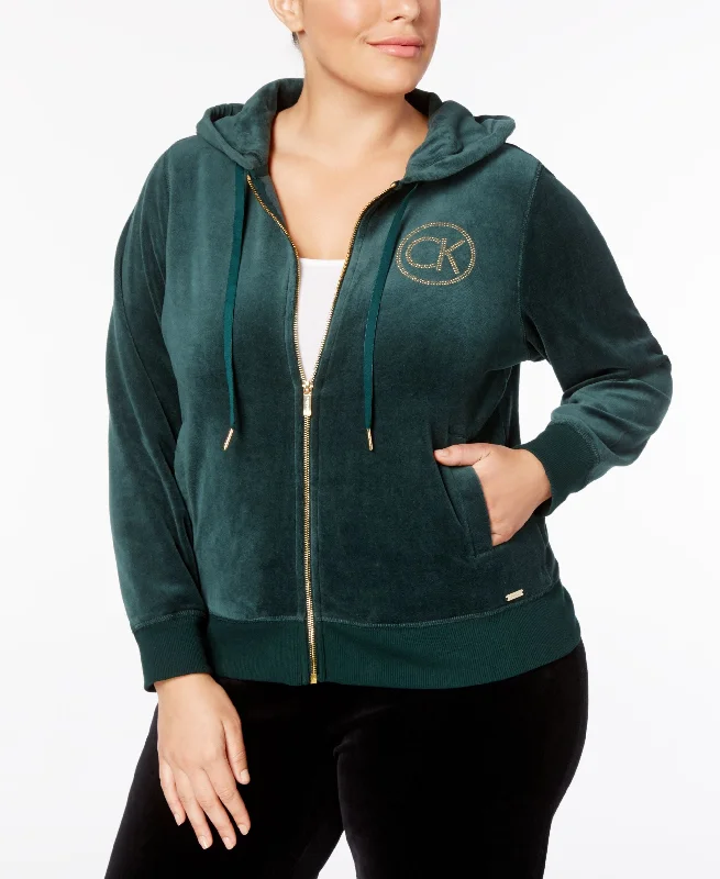 Calvin Klein Plus Size Logo Velour Hoodie Hoodie with Zipper Versatile Modern