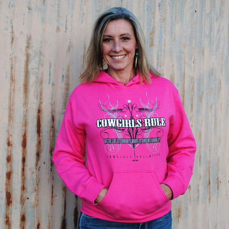 Cowgirls Rule- Pink Hoodie Hoodie with Tie-Dye Psychedelic Retro