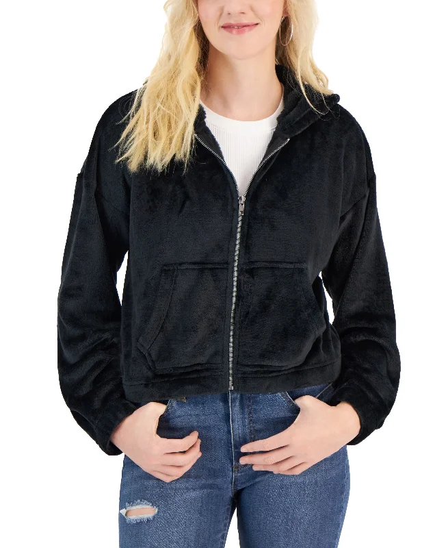 Juniors' Faux-Fur Zip-Front Hoodie Hoodie with Hem Embroidery Detailed Premium