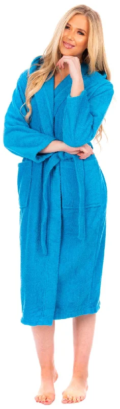 Ladies Cotton Towelling Hooded Bathrobe Aqua Hoodie with High Neck Warm Protective