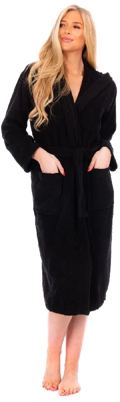 Ladies Cotton Towelling Hooded Bathrobe Black Hoodie with Zipper Placket Modern Functional Ladies Cotton Towelling Hooded Bathrobe Black Hoodie with Zipper Placket Modern Functional