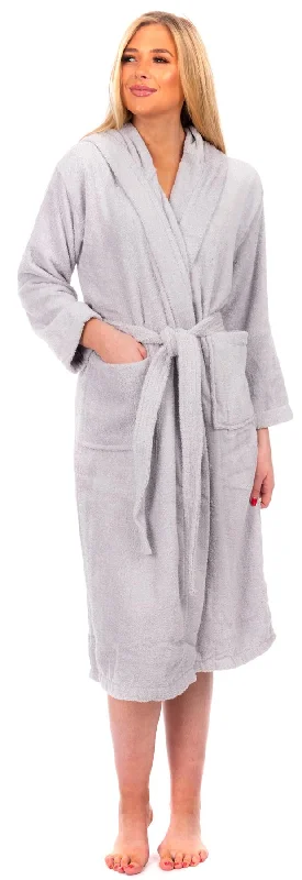 Ladies Cotton Towelling Hooded Bathrobe Silver Hoodie with Exposed Zipper Edgy Industrial Ladies Cotton Towelling Hooded Bathrobe Silver Hoodie with Exposed Zipper Edgy Industrial