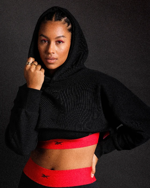Reebok X Cardi B Women's Cropped Hoodie Black Hoodie with Distressed Vintage Worn