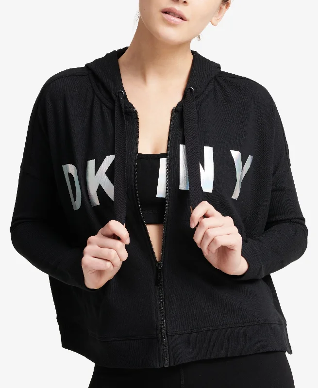 DKNY Sport Logo Zip Hoodie Hoodie with Hem Applique Textured Unique
