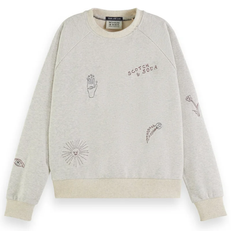 Light Grey Melange Embroidered Raglan Relaxed Fit Sweatshirt Hoodie with High Neck Warm Protective