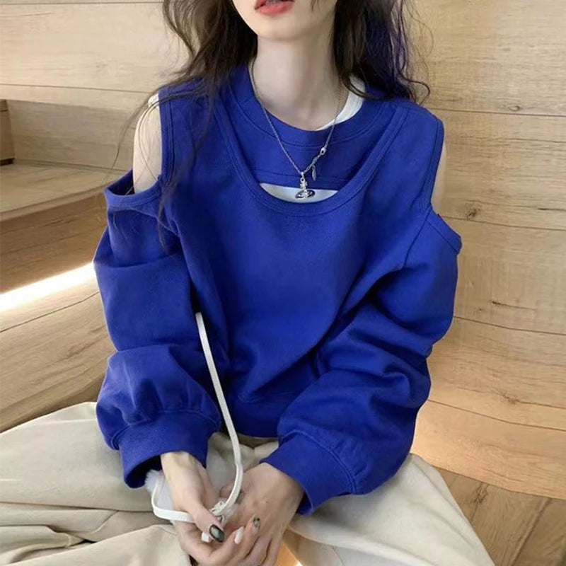 Spring Autumn Casual Fashion Hollow Out Sweatshirt Ladies Loose All-match Off the Shoulder Top Women Korean Style Solid Pullover Hoodie with Puffed Sleeves Voluminous Trendy Spring Autumn Casual Fashion Hollow Out Sweatshirt Ladies Loose All-match Off the Shoulder Top Women Korean Style Solid Pullover Hoodie with Puffed Sleeves Voluminous Trendy