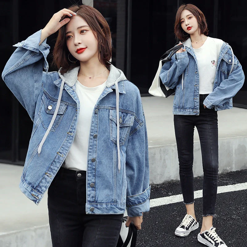Vintage style Loose-fitting Hoodies Casual Denim jacket Hoodie with Drawstring Waist Adjustable Fitted Vintage style Loose-fitting Hoodies Casual Denim jacket Hoodie with Drawstring Waist Adjustable Fitted