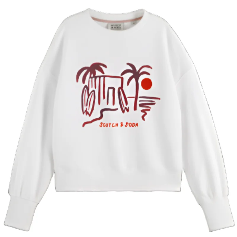 White Slouchy Puffed Sleeved Graphic Sweatshirt Hoodie with Slit Hem Functional Movement White Slouchy Puffed Sleeved Graphic Sweatshirt Hoodie with Slit Hem Functional Movement
