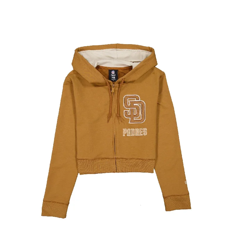 San Diego Padres Light Bronze Logo Select Women's Full-Zip Hoodie Hoodie with Thumb Holes Functional Cozy San Diego Padres Light Bronze Logo Select Women's Full-Zip Hoodie Hoodie with Thumb Holes Functional Cozy