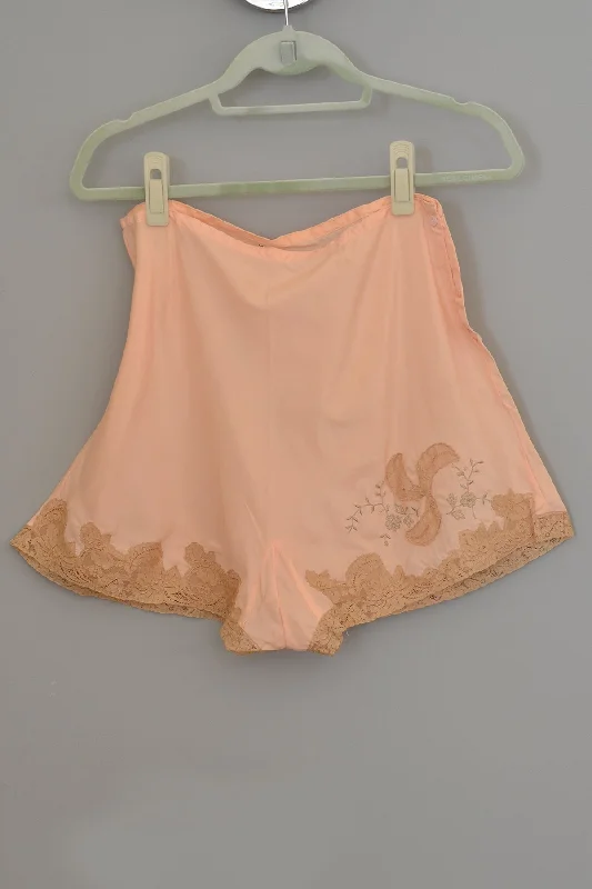 1930s 40s Peach Crepe Embroidered Lace Appliqué Pin Up Tap Pants Trendy Velvet Pants