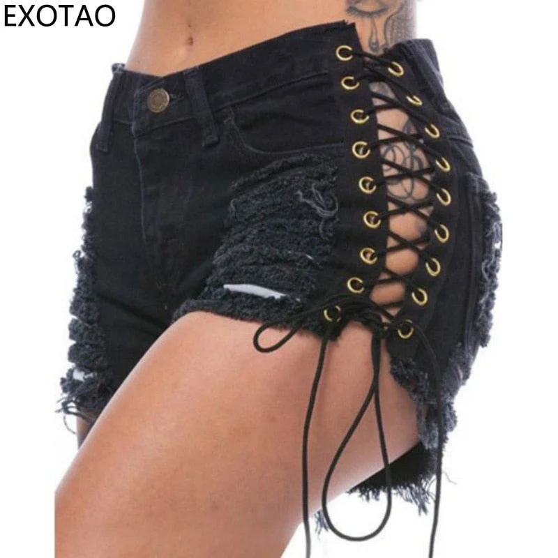 EXOTAO summer black lacing women's shorts ripped women's denim shorts sexy bandage high waist shorts ripped short pants women Comfortable Cargo Pants