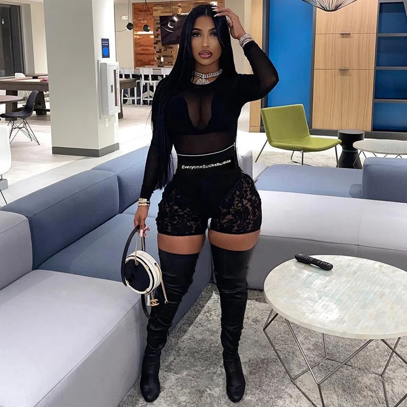 Hot Sale Nightclub Lady High Waist Zipper Shorts See Through Patchwork Pants Women Letter Black Lace Shorts Elegant Wool Trousers
