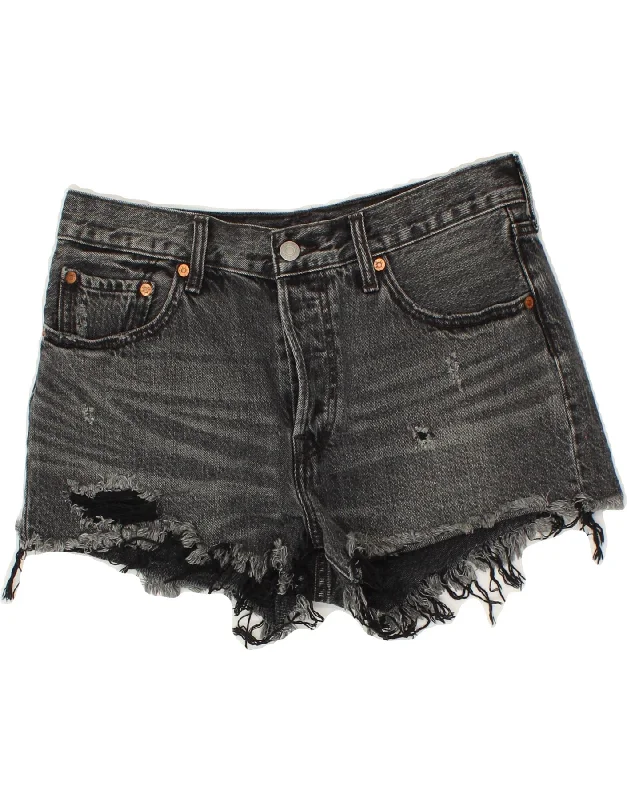 LEVI'S Womens 501 Distressed Denim Hot Pants W28 Medium Grey Cotton Soft Sweatpants Style
