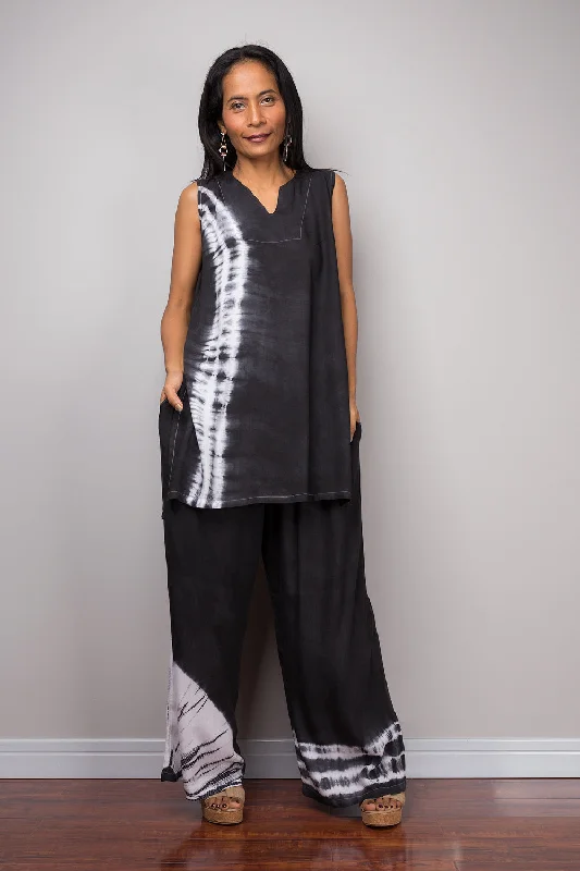 Black and white top and matching tie dye pants Fashionable Button-Up Pants