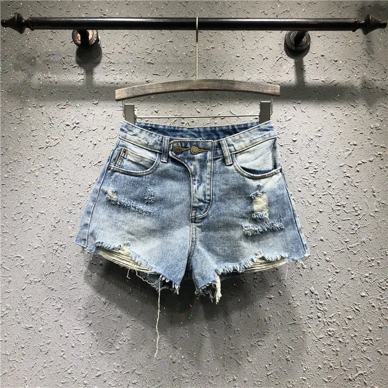 OUDINA Korean Ripped Denim Shorts For Women Bale Casual Slim Hot Pants Women Hole Denim Shorts Slim-Fit Leggings