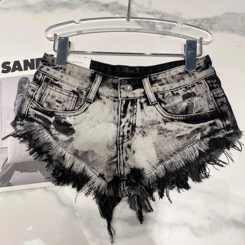 OUDINA Trendy Street Sexy Hot Pants Frayed Old Fringe Washed Denim Shorts For Women Elegant Dress Pants