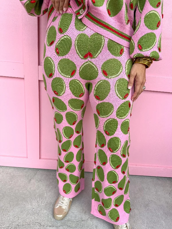 QUEEN OF SPARKLES | Pink Olive Knit Pants Formal Slim Pants