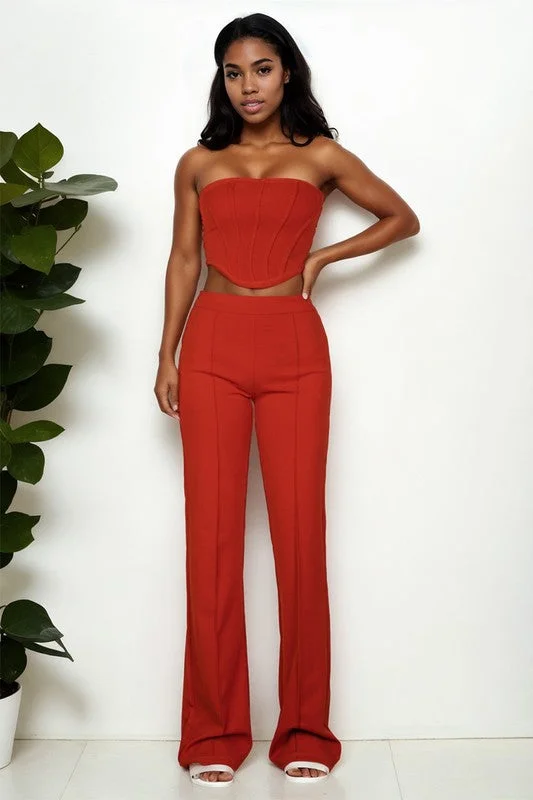 Strapless Corset Top & Flare Pants Set Comfy Zip-Up Pants
