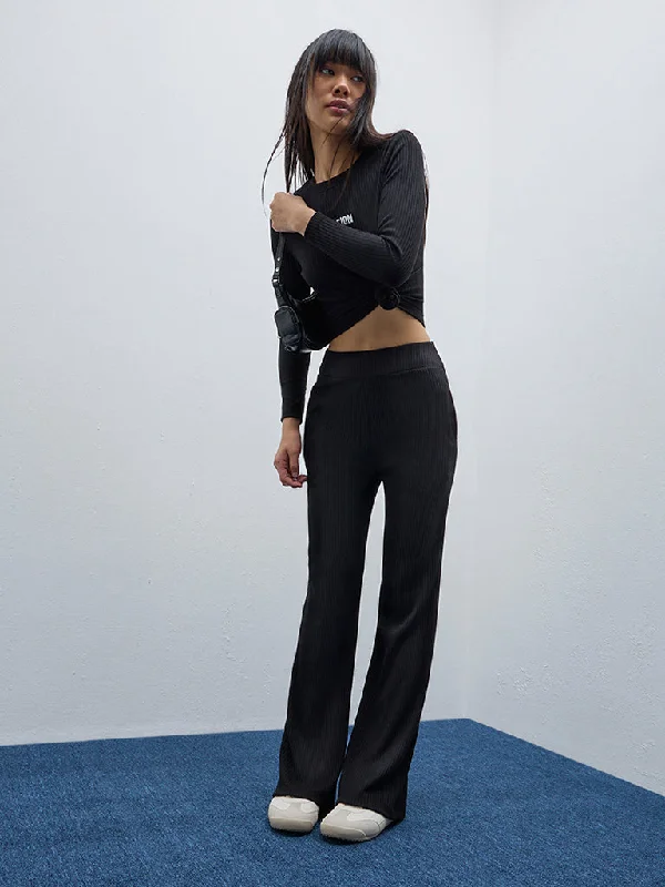 Studiofit Black Ribbed High-Rise Track Pants Cozy Jogger Leggings