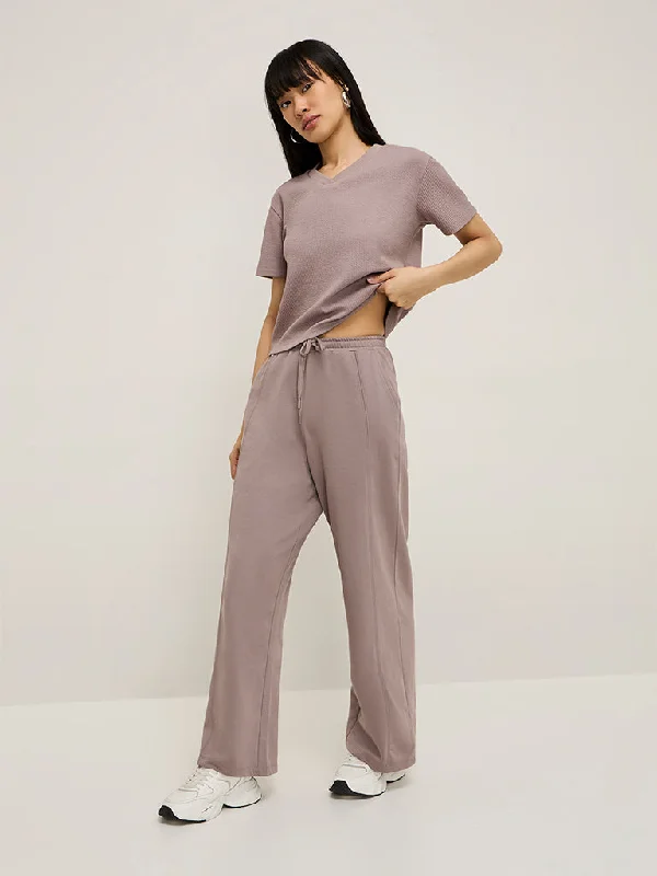 Studiofit Mauve Solid High-Rise Cotton Track Pants Soft Stretch Trousers