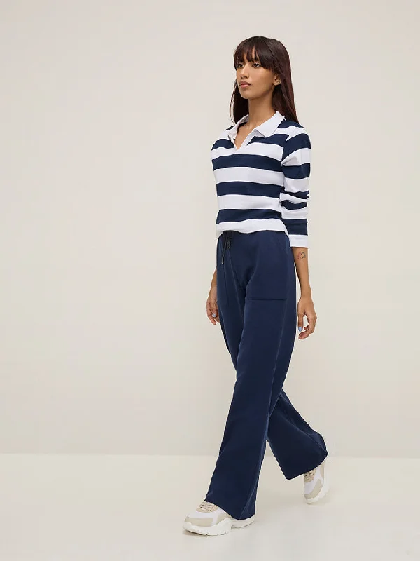 Studiofit Navy High-Rise Track Pants Fashionable Button-Up Pants