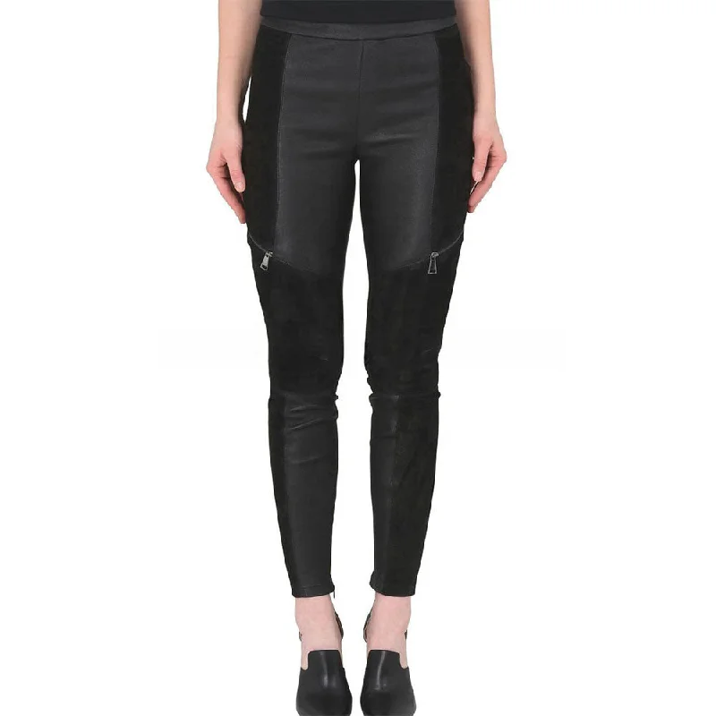 Women's Black Leather & Suede Pants - Layla Comfortable Denim Leggings